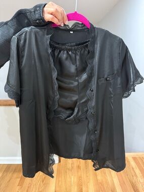 Black Satin Lace Trim Two-Piece PJ Set